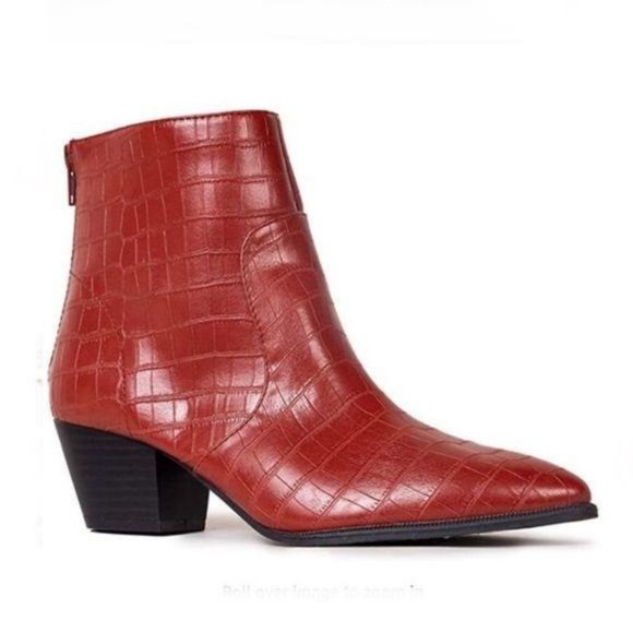 Pointed Toe Embossed Crocodile Booties - Brick Red - Picture 4 of 4